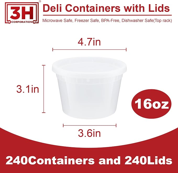 16 oz Food Storage Containers with Lids (240 Set/480 Piece) Small Deli Containers for Soup, Freezer Microwave Safe, BPA-Free Plastic, Stackable Snack Leakproof Leftover Organizers