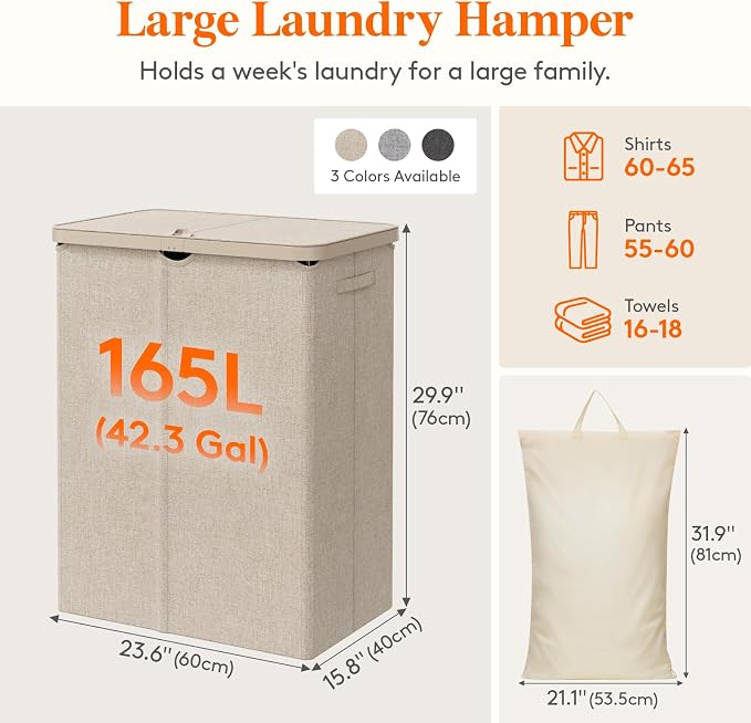 Lifewit 165L Large Laundry Basket with Lid, Laundry Hamper with Plastic Handles and Removable Bag, Foldable Tall Dirty Clothes Hampers for Laundry for Laundry Room, Bedroom, Bathroom, Dorm, Beige