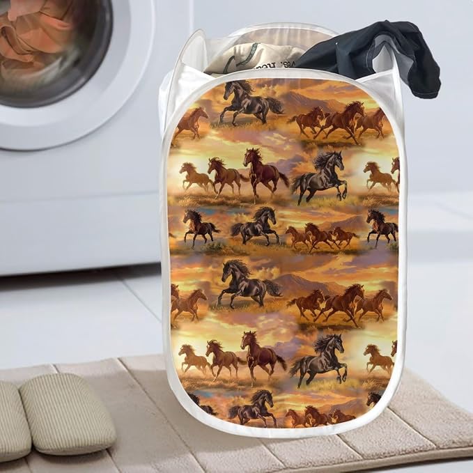 AFPANQZ Strong Mesh Pop-up Laundry Hampers Large Laundry Baskets with Extra Pocket Horse Sunset Easy to Open and Fold for Travel Save Place Bathroom Laundry Room 61L
