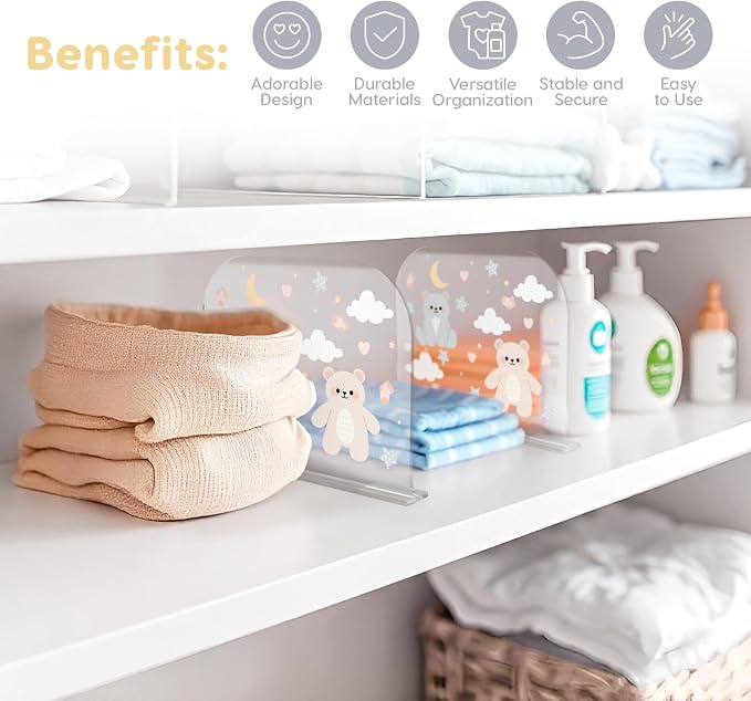 Baby Closet Organizers 4 Clear Acrylic Baby Clothes Dividers for Closet with Bear, Moon, Star, Cloud, and Heart Designs Safe, Rounded Edges for Organizing Baby Clothes, Diapers.