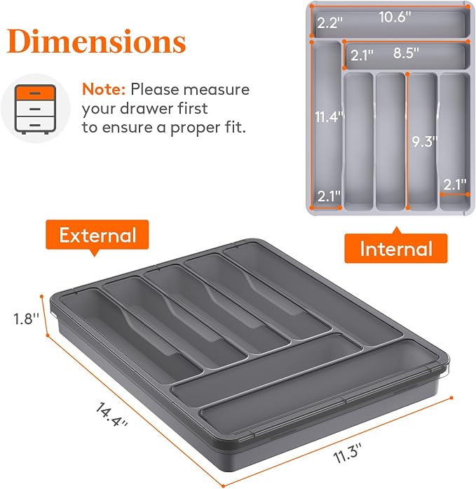 Lifewit Silverware Organizer with Lid, Covered Utensil Tray for Kitchen Drawer and Countertop, Plastic Cutlery and Flatware Storage Box for Spoons Forks Knives Holder Case, 29 x 37cm, Gray