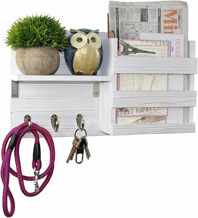 Wall-Mounted Key Hooks Holder and Mail Sorter - Rustic Wood White - Entryway Organizer for Letters, Leashes, and Purses - Floating Shelf, 16.5” W x 9.75" H x 4.5” D