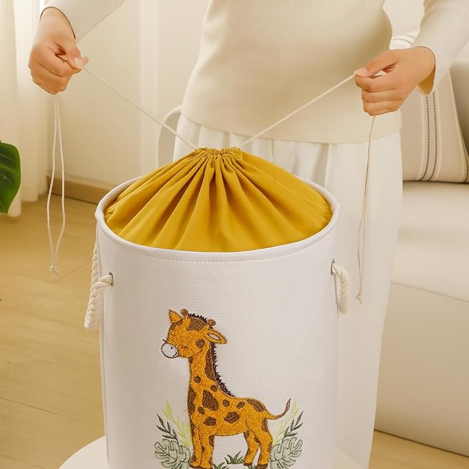 Kids Laundry Basket Baby Hamper for Nursery, Canvas Dirty Clothes Hampers with Drawstring Closure, Jungle Theme Baby Basket, Animal Baskets for Toys Laundry Hamper, Safari Nursery Decor, Giraffe