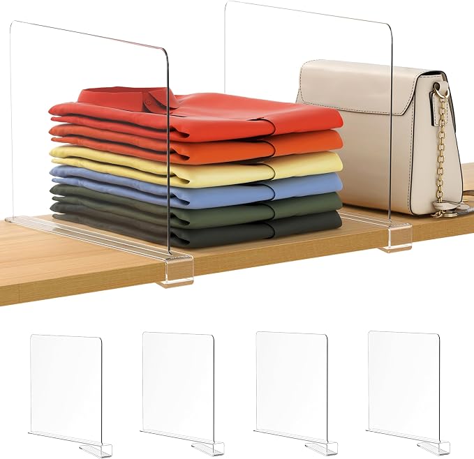 4 Pack 12 Inches [Extra Tall Version] Clear Shelf Dividers for Organization, Acrylic Closet Shelf Vertical Shelves Organizer for Bedroom, Kitchen and Office