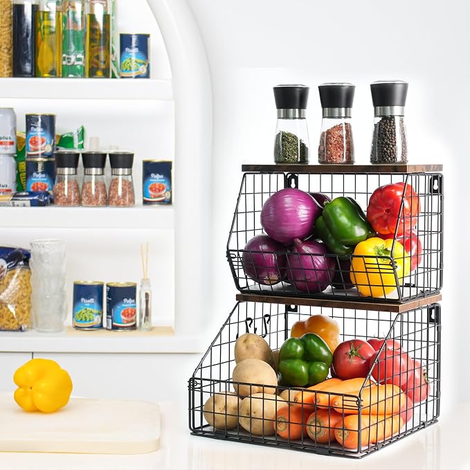 Mefirt Fruit Basket, Stackable Wall Mounted Fruit Baskets, Potato Baskets Onion Storage for Kitchen, Hanging Wire Basket with Wood Lid, 2-Tier Vegetable Organizer Kitchen Countertop Organization
