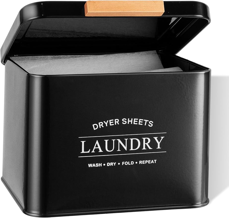 Dryer Sheet Holder with Hinged Lid for Laundry Room Organization, Metal Farmhouse Dryer Sheet Container, Dryer Sheet Box Laundry Room Decor & Accessories (Black)