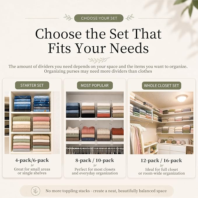 SortNStore Shelf Dividers Purse Organizer for Closet: 11-inch Tall(Extra Tall) Acrylic Sweater Organizer - Upgraded Extra Height for Large Handbags, Totes, Clothes, Towels on Wood Shelves 10-Pack