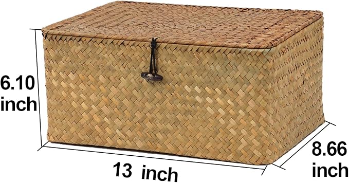 Wicker Storage Basket with Lid, Natural Seagrass Woven Shelf Basket for Storage, Rectangular Decorative Storage Bins Boxes Home Organizer Decor (Natural, Medium)