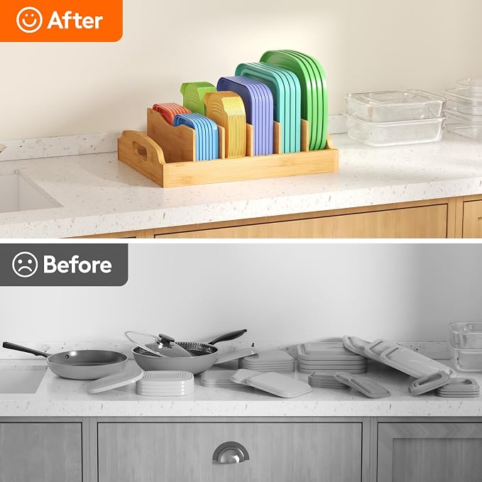 Lifewit Bamboo Lid Organizers for Inside Cabinet, Food Storage Container Lid Holder with 5 adjustable Inserts & 6 Sections, Kitchen Pantry organizer and storage, Large, 13.2" x 10"/34 x 25cm