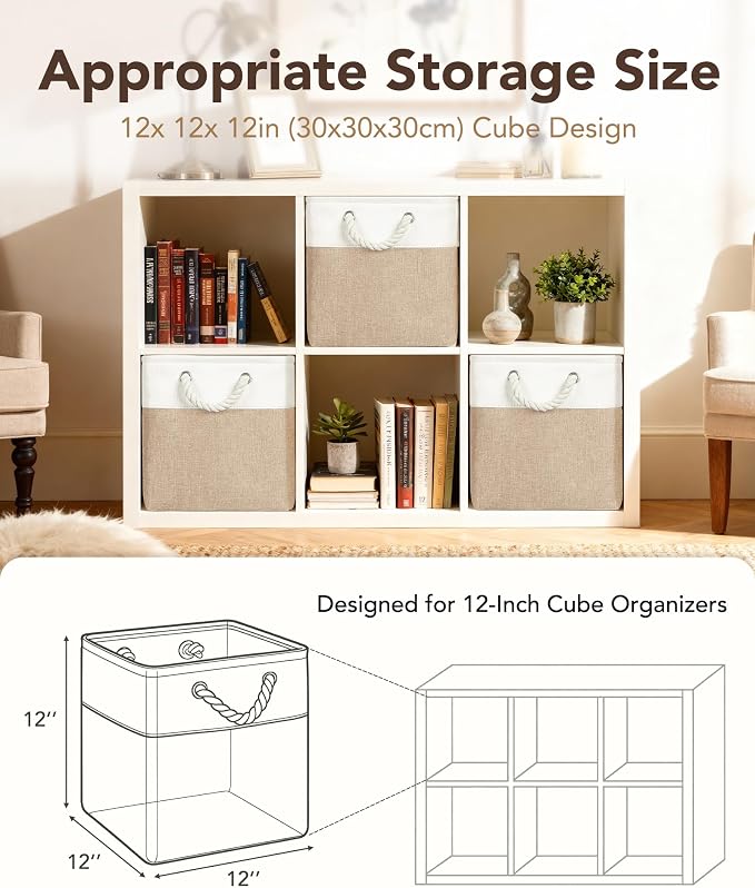 12x12 Storage Cube Bins, 6 Pack Reinforced Bottom Cardboard Foldable Box, Organizer for Closet Shelves, Heavy Home Storage Baskets (White Khaki)