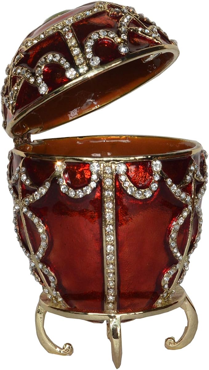 Dark Red Russian Faberge Egg Trinket Box Jewelry Box Hand Painted Decorative Box with Hinged Lid Ring Earring Holder Easter Egg Collectible
