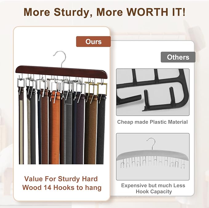 Belt Hanger for Closet Max 42 Belts, Sturdy Wood Belt Rack Closet Accessories with 14 Hooks Belt Organizer for Closet Organizers and Storage - Mahogany 1 Pack