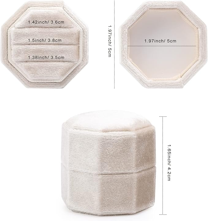 WantGor Velvet Ring Box, 3 Slots Jewelry Ring Gift Box Vintage Ring Holder | Ring Display Case for Wedding Ceremony Proposal Engagement (Beige)