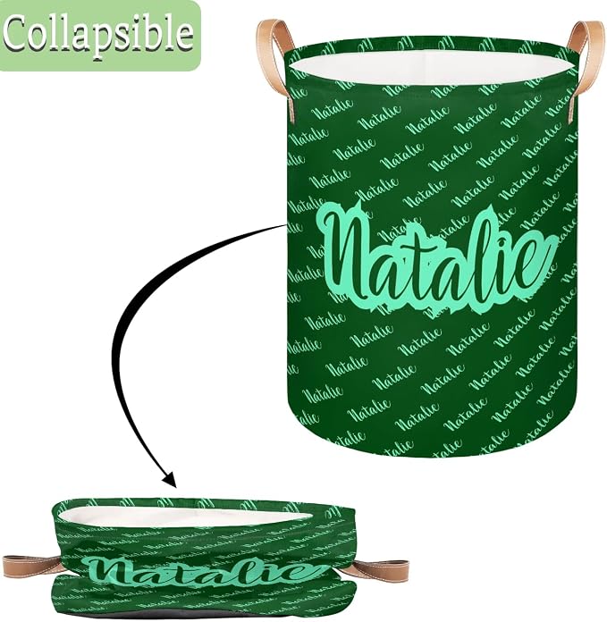 Personalized Laundry Basket, Custom Gift Laundry Hamper, Collapsible Nursery Waterproof Laundry Baskets, Dirty Clothes Toy Hamper with Handles Name Text Green