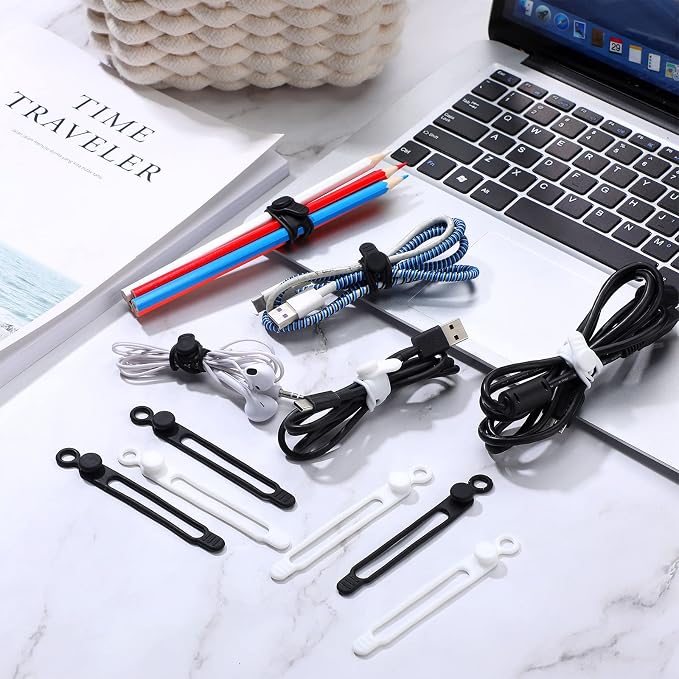 Nuanchu 40 Pcs Silicone Cable Ties Reusable Holder Adjustable Straps Multipurpose Charging Cable Organizer for Fastening Charging Cords Wires(4.17 Inch,Black, Gray)