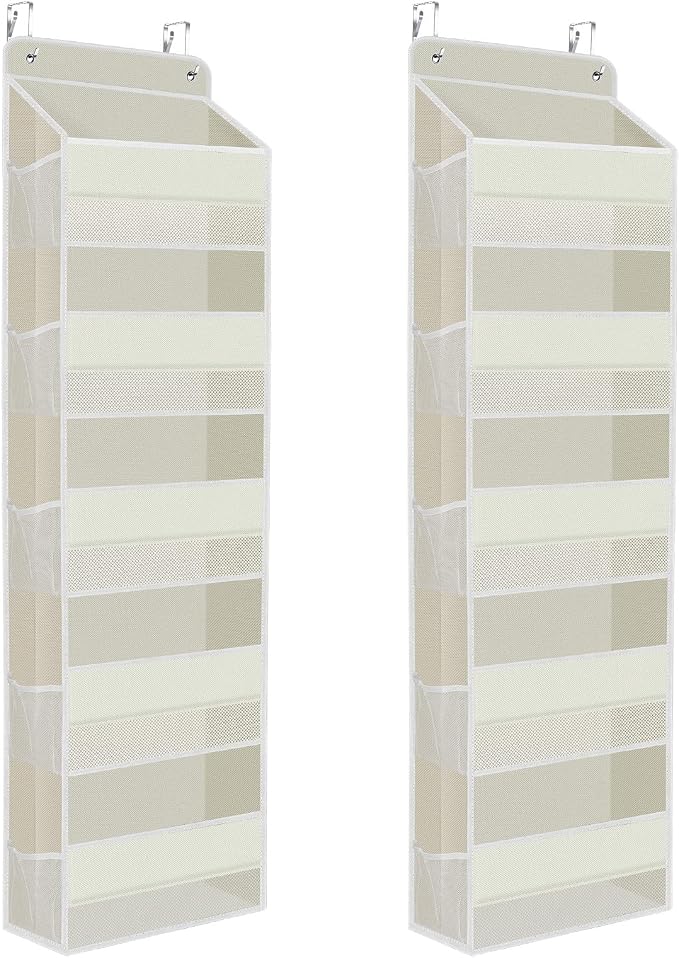 SpaceHacks 2 Pack Over The Door Organizer, Hanging Storage Organizer with Clear Window, 40lb Ultra Sturdy Large Capacity Room Organizer for Pantry Laundry Bathroom Nursery Closet (Beige)
