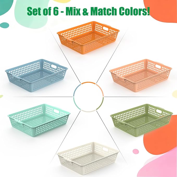 QRRICA 6 Pack Plastic Classroom Storage Baskets, Paper Trays for Classroom Organization & Turn in Trays for Teachers, Students, Desk Organizer Bin 13.8x10.6x3.1 Inch (Morandi)