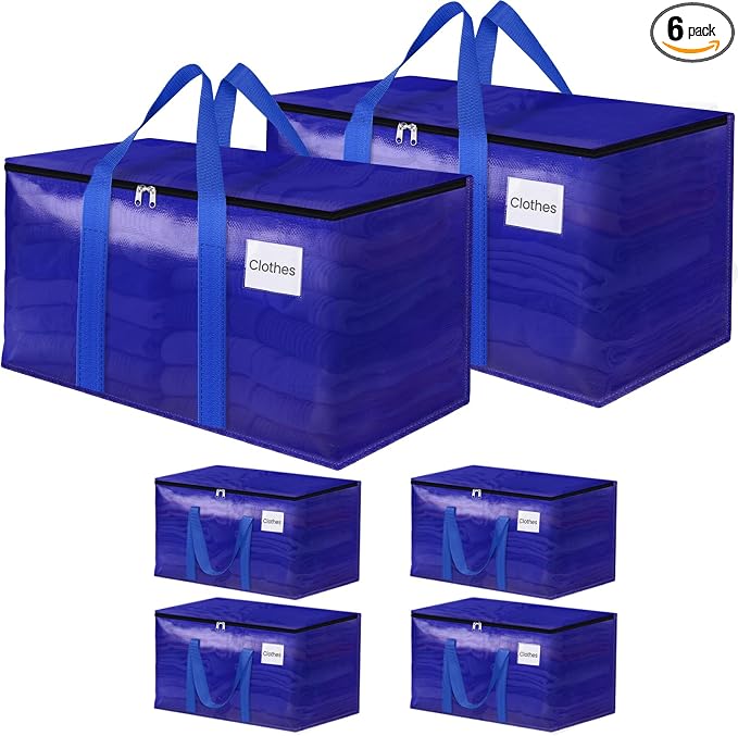 FabSpace Moving Storage Bags, Moving Supplies Packing Boxes for Moving, Camping, College Dorm Room Essentials for Girls, Blue Tote Bags, Heavy-Duty Storage Bins With Lids And Zippers, 76L 6 Pack