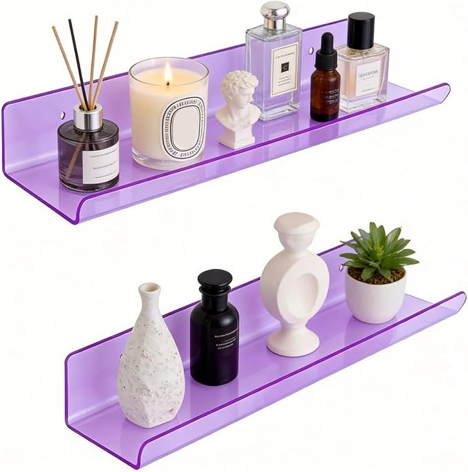 ROYALITA 2-Pack Acrylic Shelves Wall Mounted, 17 Inch Display Shelves | for Small Items Plants Organize Wall Shelves for Gaming Room, Bedroom, Living Room, Office, Purple