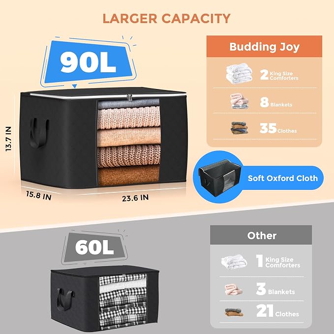 90L Large Storage Bags, 6 Pack Clothes Storage Bins Closet Organizers | Foldable Storage Containers, with Reinforced Handle, for Clothing, Blanket, Comforters, Bed Sheets, Pillows and Toys,Black