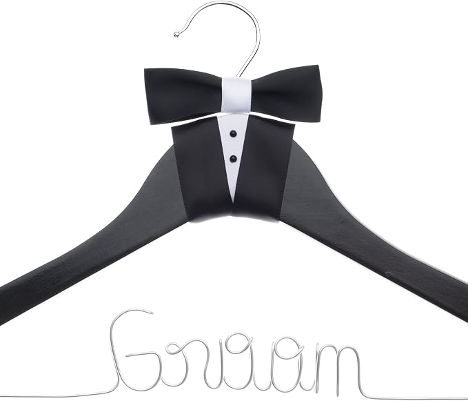 Ella Celebration Groom Hanger for Tuxedo or Suit, Hangers for Bridal Party, Wooden and Wire, Black Wood (Groom)