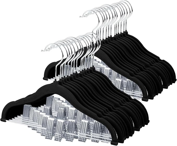 ManGotree 11.8'' Baby Velvet Hangers with Movable Clips, Non-Slip Kids Felt Hangers, Ultra-Thin Space-Saving Children's Clothes Hangers for Skirts, Pants, Dresses, Shirts, Jackets (28 Pack, Black)