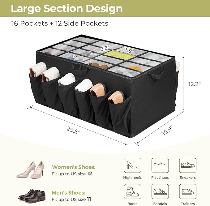 Shoe Organizer for Closet, Shoe Storage Solution with Clear Cover & Adjustable Dividers, Fabric Shoe Box Fits 16 +12 Pairs Shoes, Black, 1-Pack