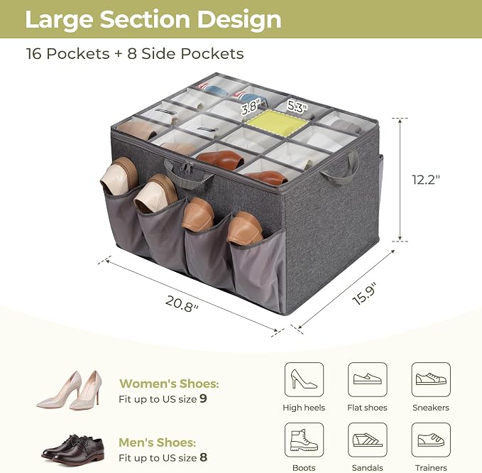 Fabric Shoe Organizer for Closet, Fits up to 24 Pairs, Foldable Shoe Storage Bin Containers with Adjustable Dividers and Clear Cover, Grey, 1 Pack