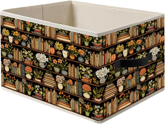 Bookshelf Book Lover Storage Bin Box with Handles, Vintage Botanical Bookish Foldable Organizer Basket Toybox for Reading Room Library Home Clothes Books