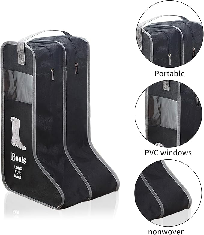 2 Pack Portable Boots Storage Bag, Tall/Short Boot Carry Bag Boots Organizer, Shoe Bags for Storage and Travel Dust Proof Travel Shoe Bags for Packing (Black)