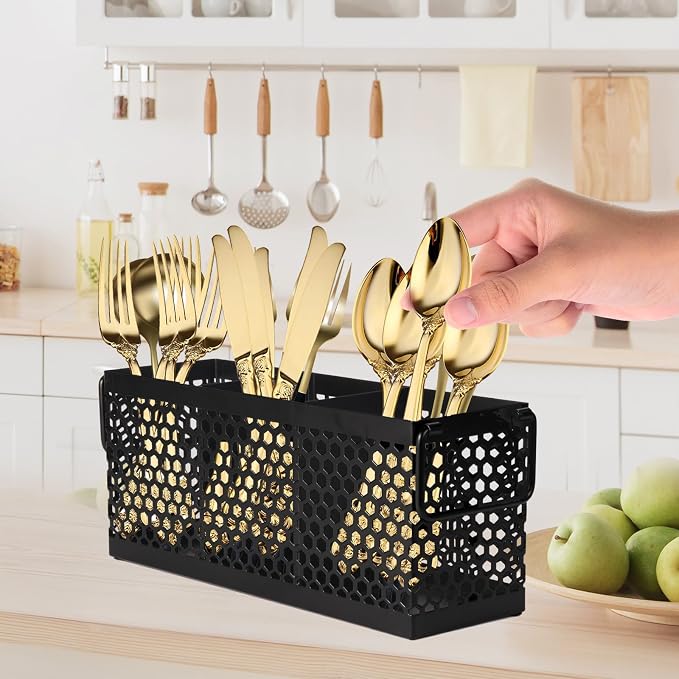 Cutlery Holder with Handle,Silverware Caddy for Party, Kitchen Counter, Mesh Metal Countertop Utensil Holder for Spoons, Forks and Knives, Black