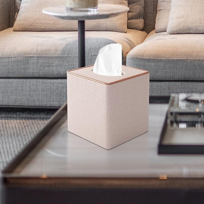 Tissue Box Cover Square Tissue Box Holder PU Leather Facial Organizer with Magnetic Bottom,Decorative Napkin Caddy for Vanity Dresser Night Stand Table Countertop Home Office Car,Beige
