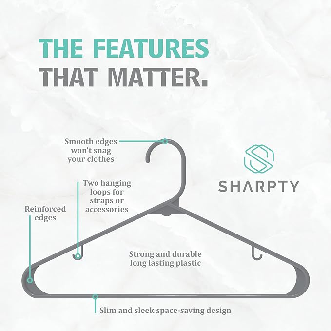 Sharpty Plastic Hangers Clothes Hangers for Clothing, Closet, Coats & Shirts - Durable & Space Saving - for Everyday Standard Use, Room Essentials & Basics - 60 Pack - Grey