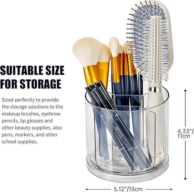 Makeup Brush Holder Organizer, Rotating Makeup Organizer for Vanity | Rotating 360° Clear Storage Cup Containers, Spinning Pen Holder for Desk, Round Make up Brush Stand with 5 Slots (Clear)