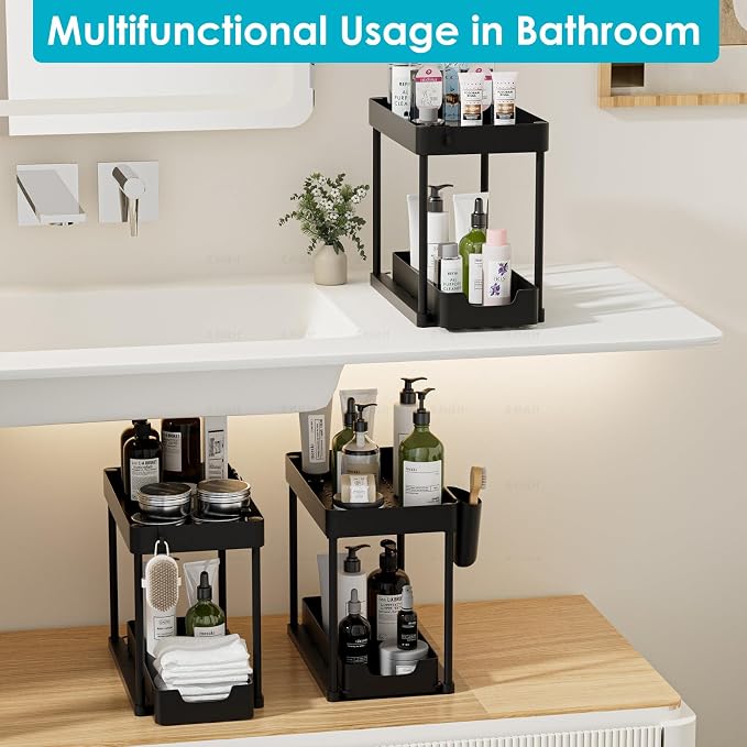 2 Pack Under Sink Organizer with Sliding Basket - 2 Tier Metal Cabinet Storage Shelf for Bathroom, Kitchen Sink - Adjustable Shelves, Space Saver,Black