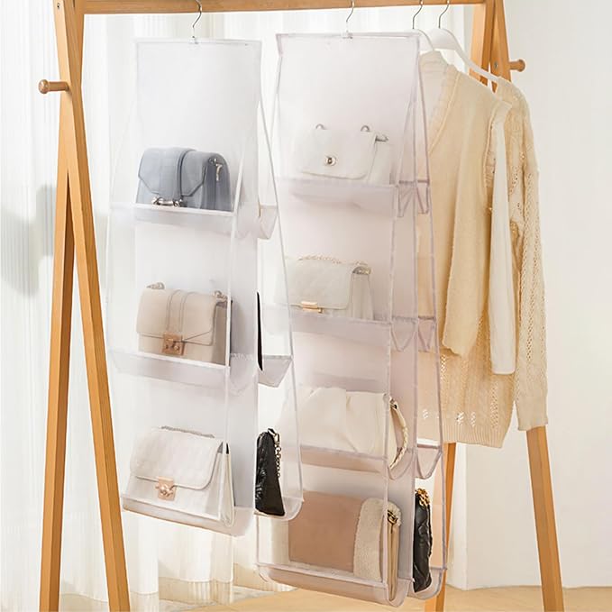 MURRI&MURRDI Hanging Handbag Organizer for Closet, Purse Storage Hanger with 8 Easy Access Clear Pockets, Womens Tote Bag Pocketbook Holder for Door Wall Wardrobe, Space Saving Organization, White