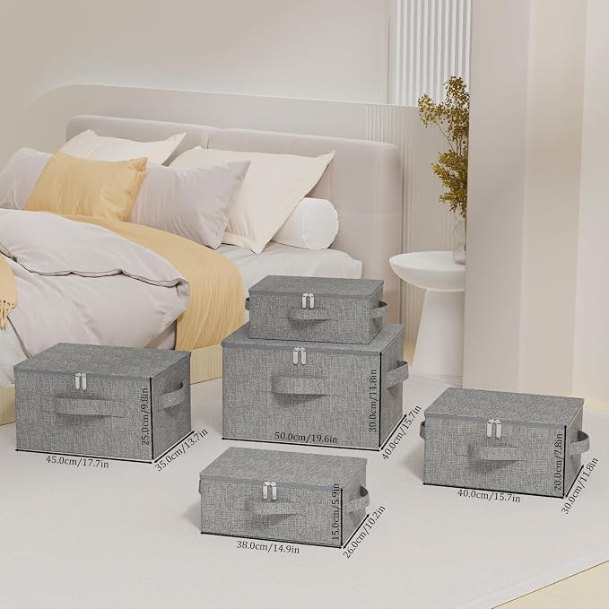 Underbed Storage Boxes with Zippers, Blanket Bags with Lid, Foldable Underbed Storage Bins, Home Basket Container for Organizing Clothes, Shoes, Pillows, 14.9x10.2x5.9Inches, Grey, 2 Pack
