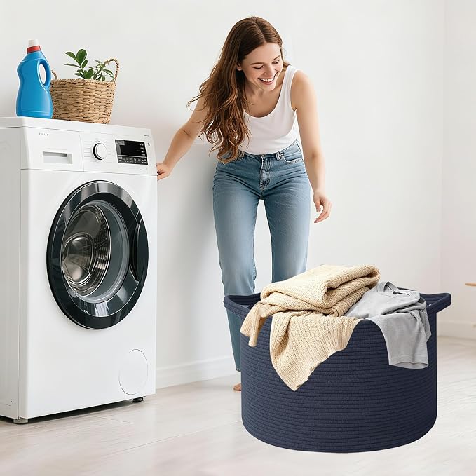 65L Large Blanket Basket,Woven Rope Laundry Basket Hamper with Handles,Decorative Nursery Basket Storage Bin for Toys, Pillows , Clothes Organizer, Living Room, Bedroom, Bathroom, Dark Blue