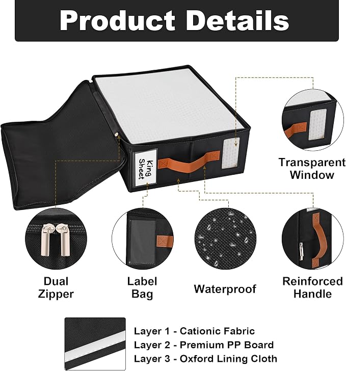 6pack Bed Sheet Organizer, Foldable Linen Closet Organizers and Storage with Sealed Design, Queen & King Size Sheet Storage with Window, Closet Organizer for Bedsheets/Blankets/Clothes, Black