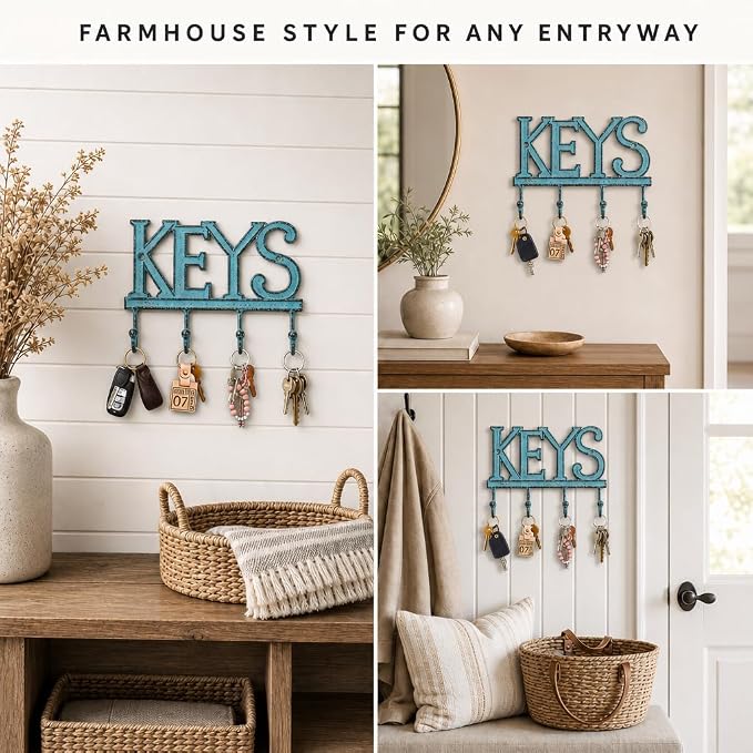 Comfify Rustic Blue Cast Iron Key Holder for Wall – Keys Sign with 4 Hooks | Rustic blue antique finish; mounting hardware included; entryway, hallway or door; 6"H x 8"L; holds 8 keychains