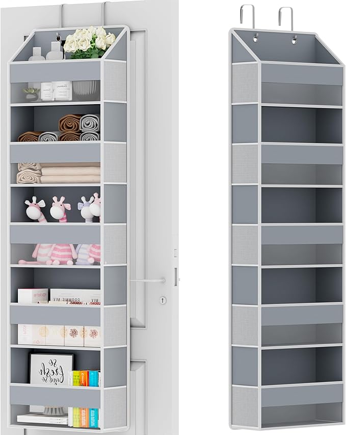 Over The Door Organizer - Over Door Storage Organizer with 5 Large Pockets & 10 Mesh Side Compartments - Heavy-Duty Hanging Storage for Bathroom, Bedroom & Closet - Baby Room Organize - Grey