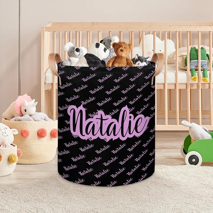 Personalized Laundry Basket, Custom Gift Laundry Hamper, Collapsible Nursery Waterproof Laundry Baskets, Dirty Clothes Toy Hamper with Handles Name Text Black Light Purple