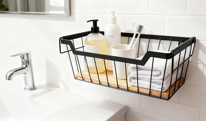 ShabbyDecor Metal Wire Basket with Handles Storage Organizer Stackable Organizing bin for Cabinet Shelf Countertop Under Sink Pantry for Kitchen,Bathroom,Laundry Closet, 1 Pack