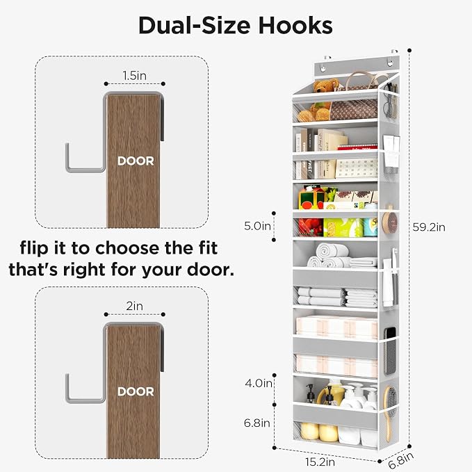 6 Tiers Over The Door Organizer, Heavy Duty Hanging Organizer Storage with Large Capacity Pockets, Behind Door Storage Hanging Shelves for Closet Wall Bathroom Bedroom Nursery Pantry, 1 Pack Grey