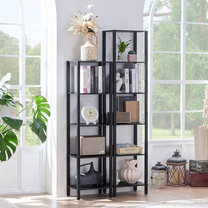 YUFAM 54in Tall Bookshelf 5-Tier Small Narrow Bookcase, Skinny Book Shelf for Small Space, Farmhouse Slim Shelf with Storage, Wood Freestanding Display Thin Bookshelves for Living Room, Office, Black