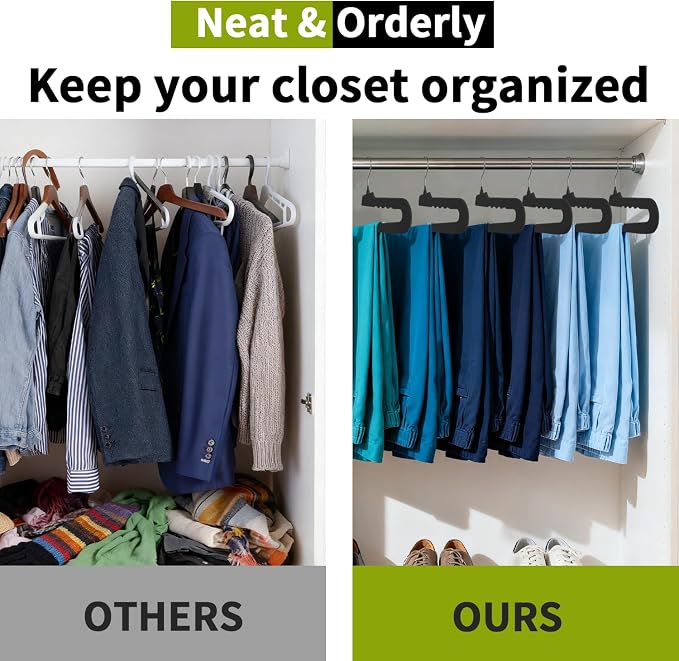 ManGotree Non Slip Velvet Pants Hangers, Open Ended Felt Jean Hangers for Closet Organizer, Heavy Duty Space Saving for Trousers, Slacks, Shorts, Dress, Scarf (10 Pack, Black)