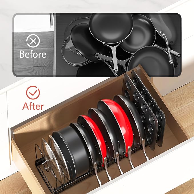 ORDORA Pots and Pans Organizer under Cabinet, Expandable 11.8"-22.8" Pot Lid Holder with 12 Adjustable Dividers, Pan Organizers inside Cabinet for Kitchen Cookware Bakeware, Black