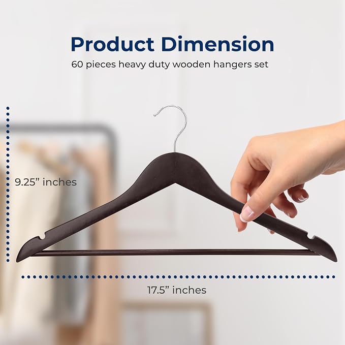 60 Pieces Wood Hangers - Space Saving Heavy Duty Slim Suit Clothes Hanger Set with 360 Degree Swivel Metal Hook, Can Hold Up to 10 Lbs. for Coats, Jackets, Pants & Dress (Brown)
