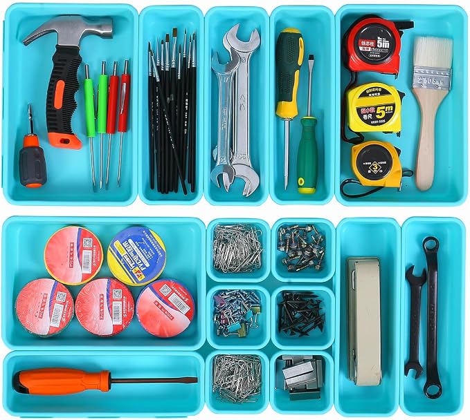 Kutesna 15 PCS Interlocking Desk Drawer Organizer Separator for Office,Bathroom,Kitchen,Makeup（Blue&Green）