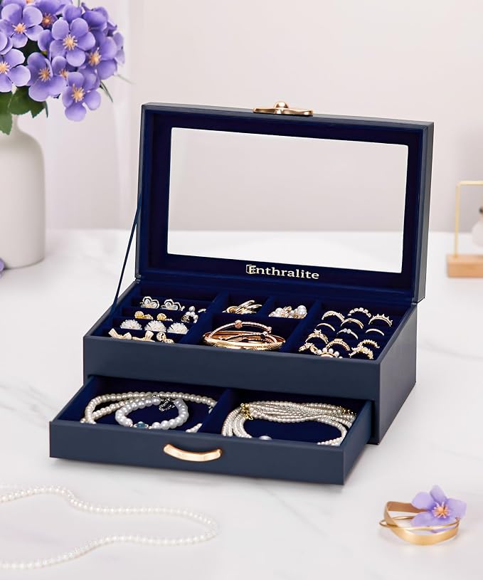 Enthralite Modern Jewelry Organizer for Women: 2-Layer Box with Clear Lid | Space-Saving Design for Elegant Vanity Order - Storage for Ring Earring Necklace Bracelet - Suits Women Who Value Style